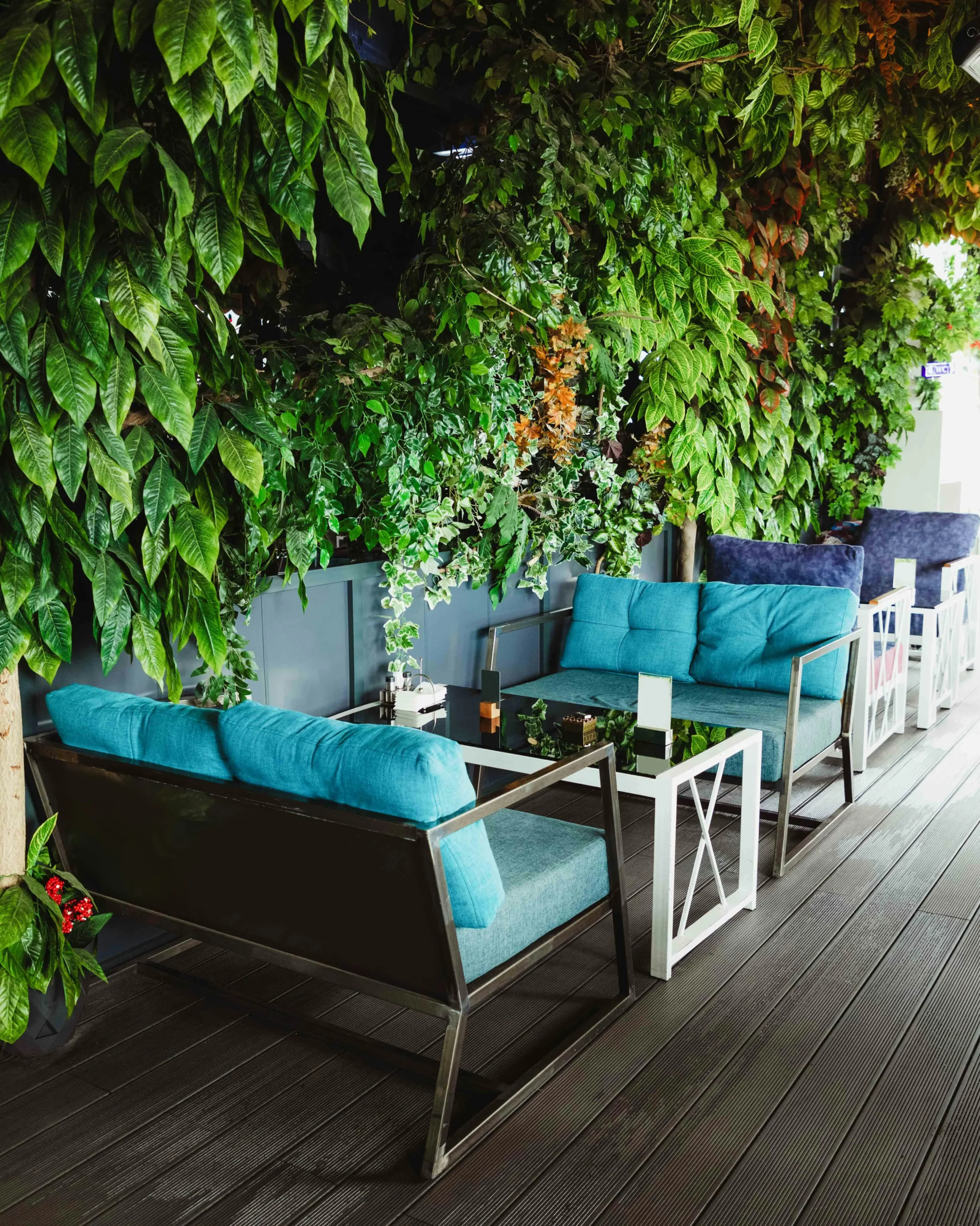 Terraza Vegetal con Sofás Azules y Envolvente de Plantas
