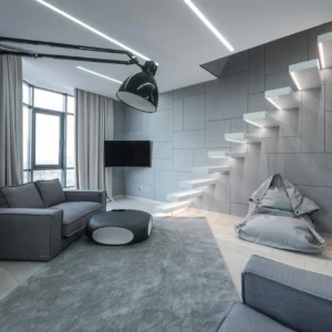 Sala Contemporánea con Escalera Flotante y Lámpara de Pie XXL