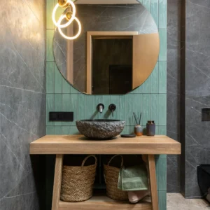 Baño Moderno con Lavabo de Piedra y Azulejos Verdes