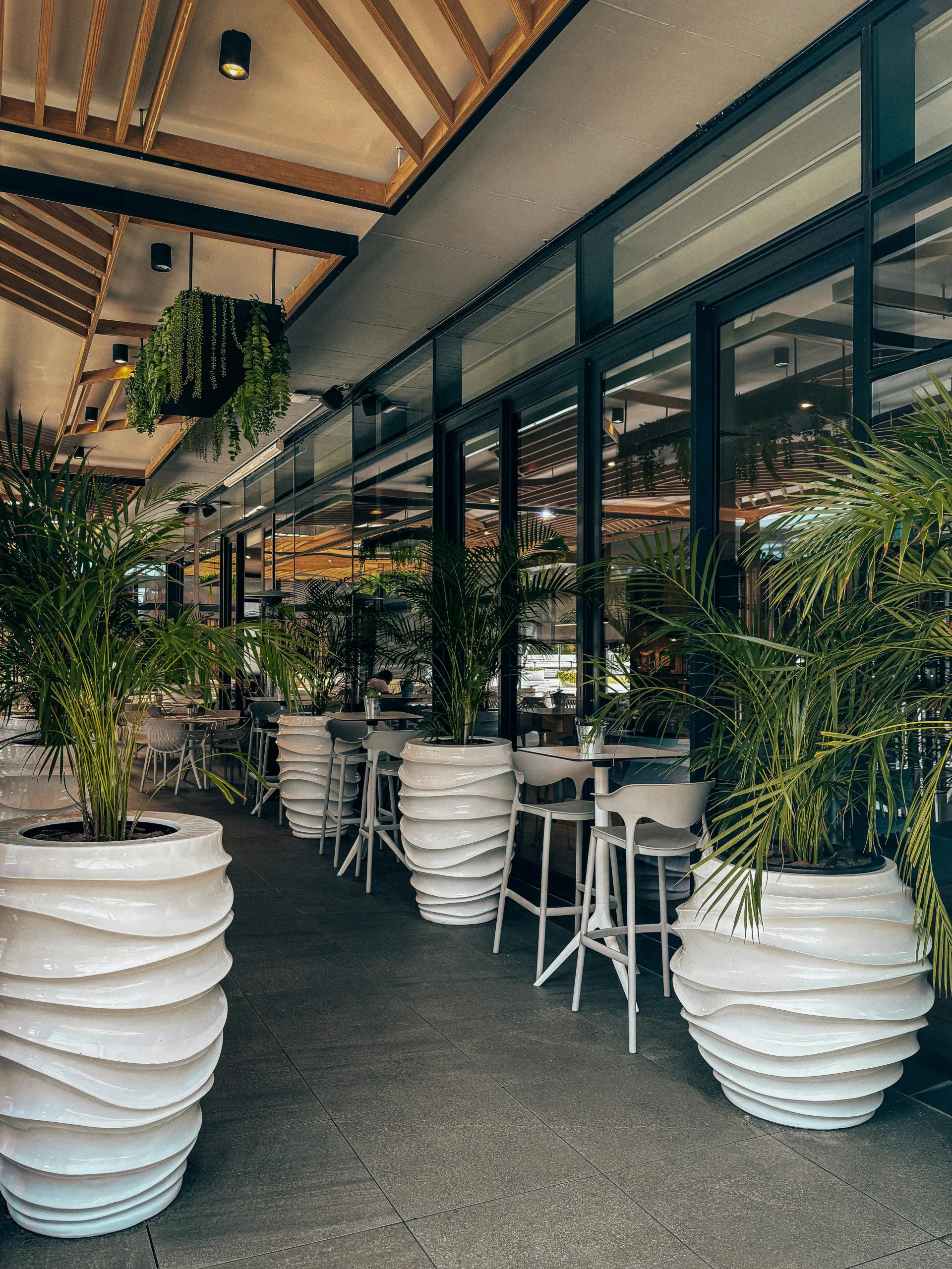 Terraza Comercial Contemporánea con Jardineras Esculturales y Vidrio