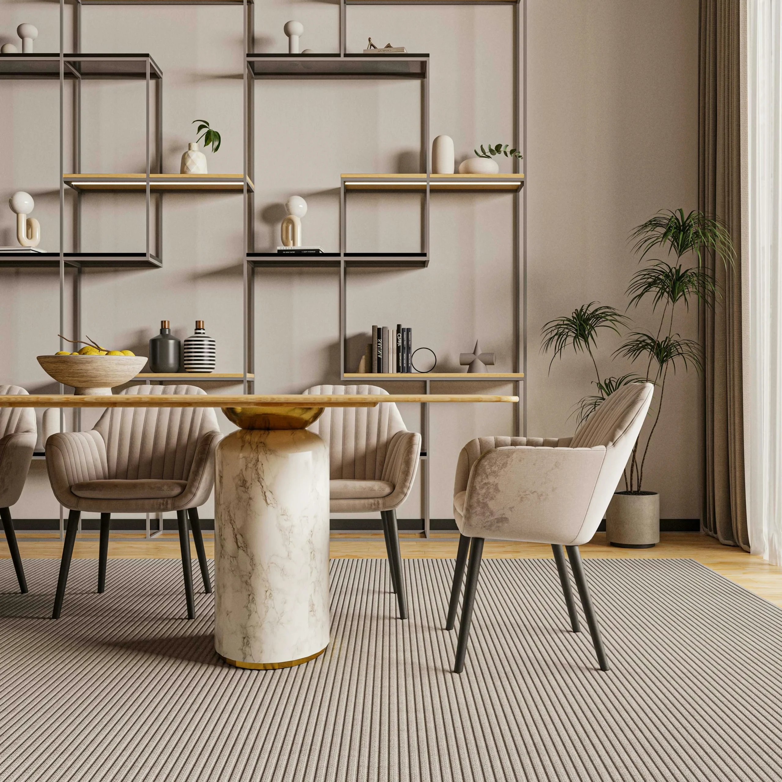 Comedor Contemporáneo con Detalles en Mármol y Estantería Modular