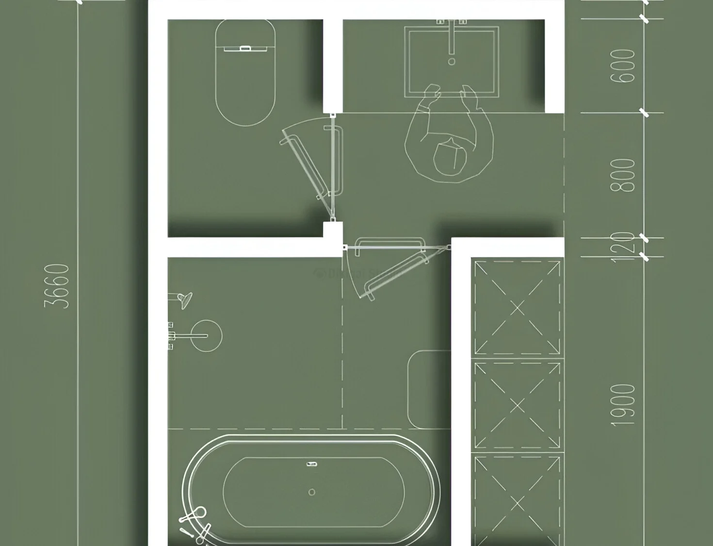 Plano técnico de baño con bañera y zona de ducha integrada
