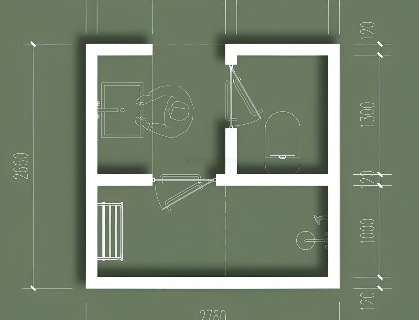 Plano técnico de baño compacto con lavabo frontal y ducha lateral