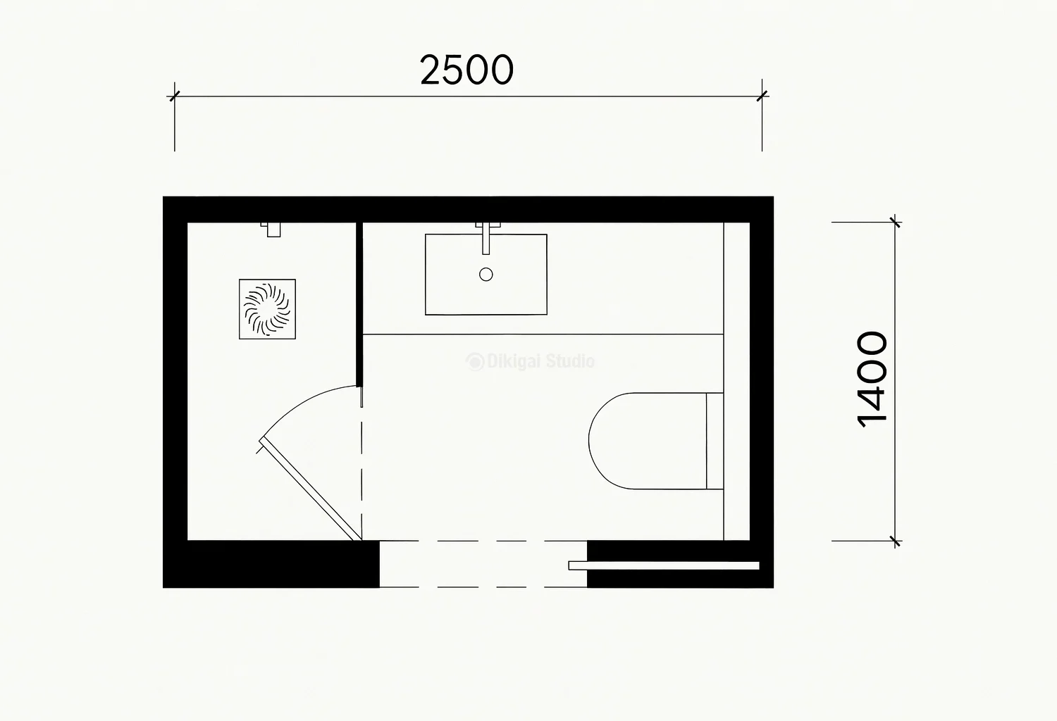 Plano arquitectónico de baño rectangular con ducha e inodoro