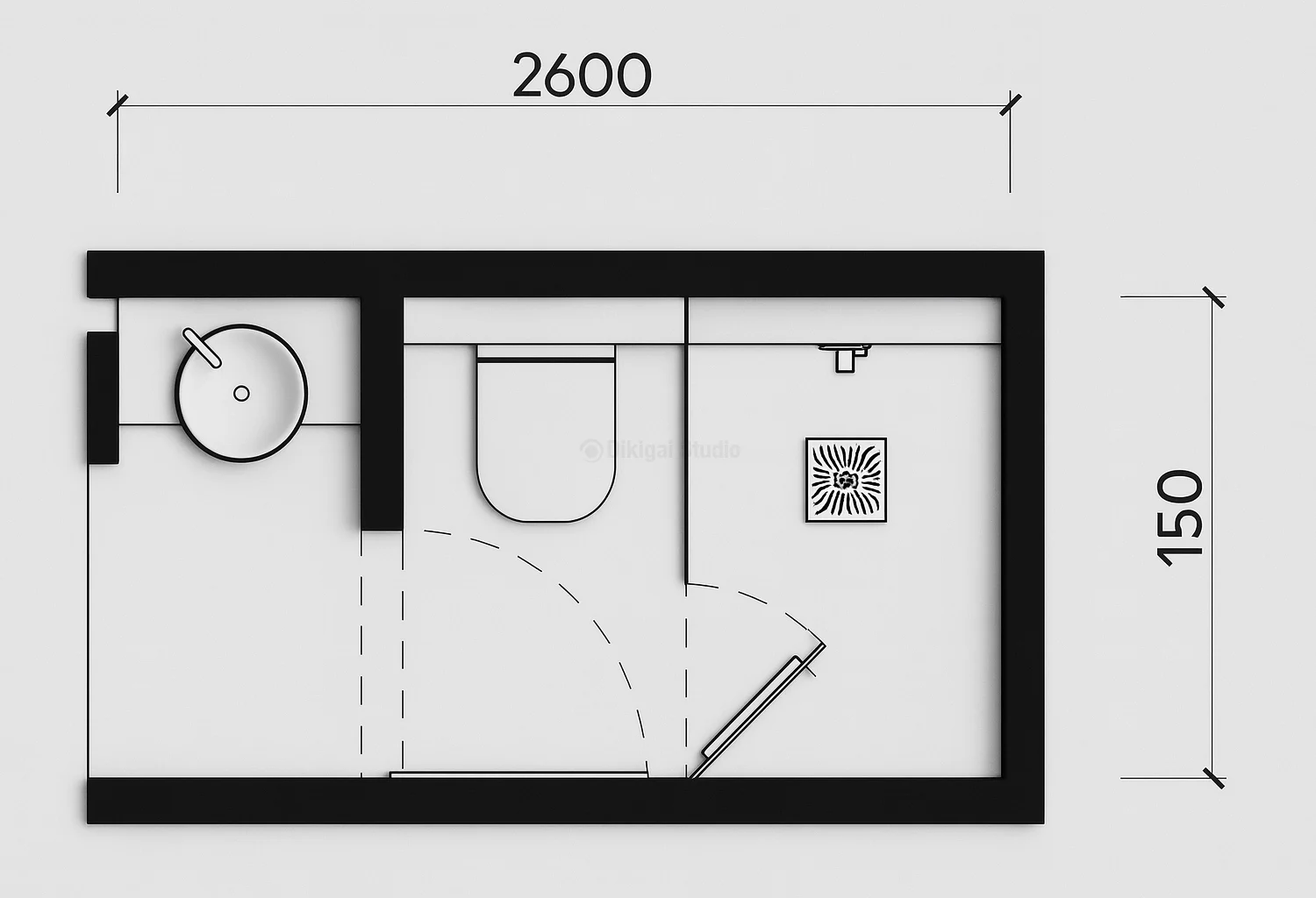 Plano técnico de baño rectangular con ducha independiente
