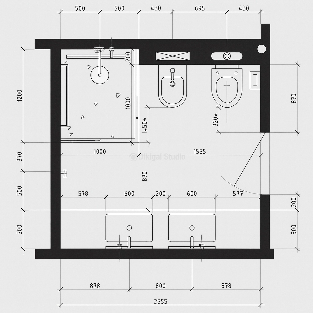 Tendencias para Diseñar Baños en 2026 Plano técnico de baño con doble lavabo, ducha e inodoro