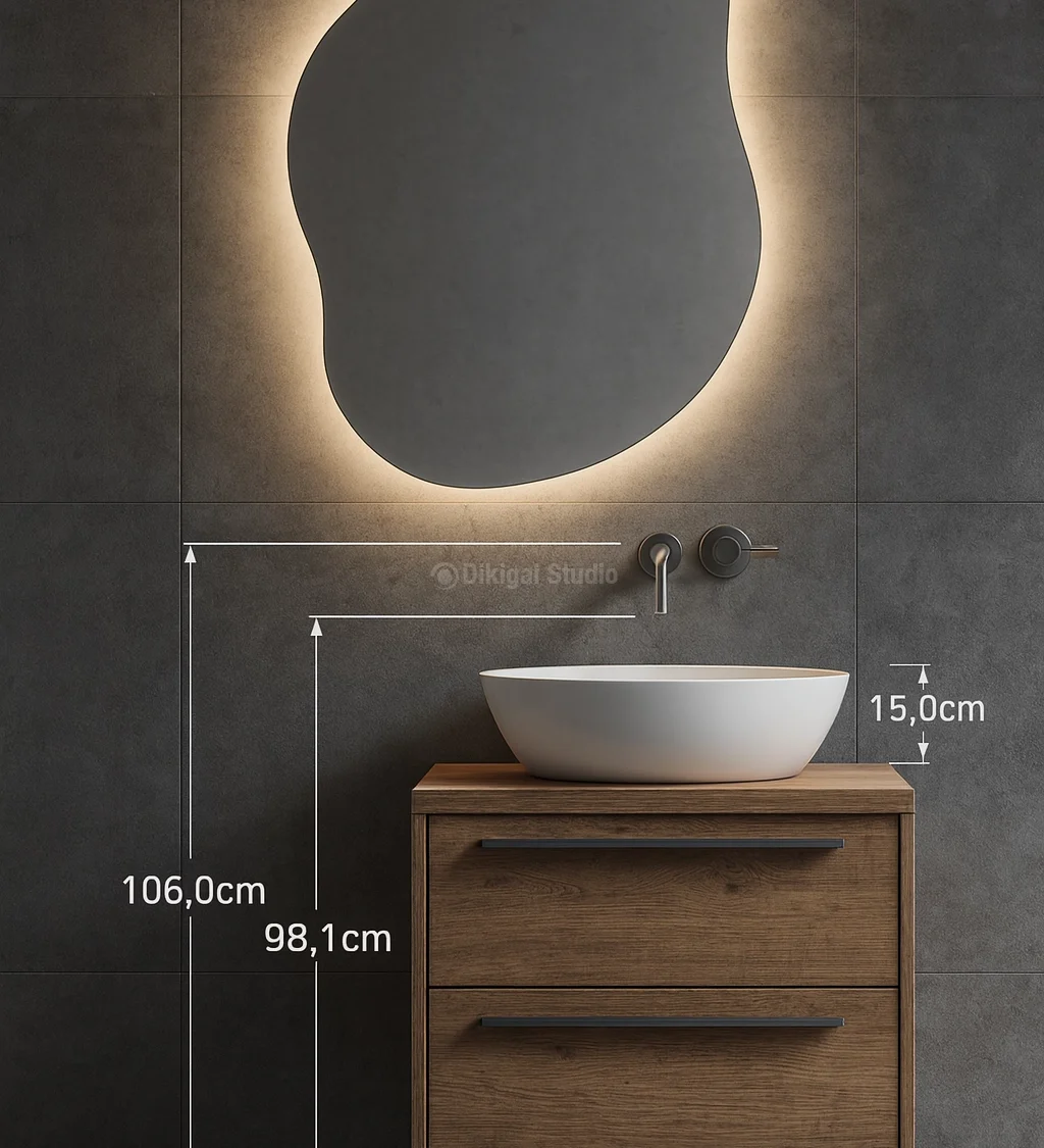 Detalle constructivo de lavabo sobre encimera con espejo orgánico retroiluminado