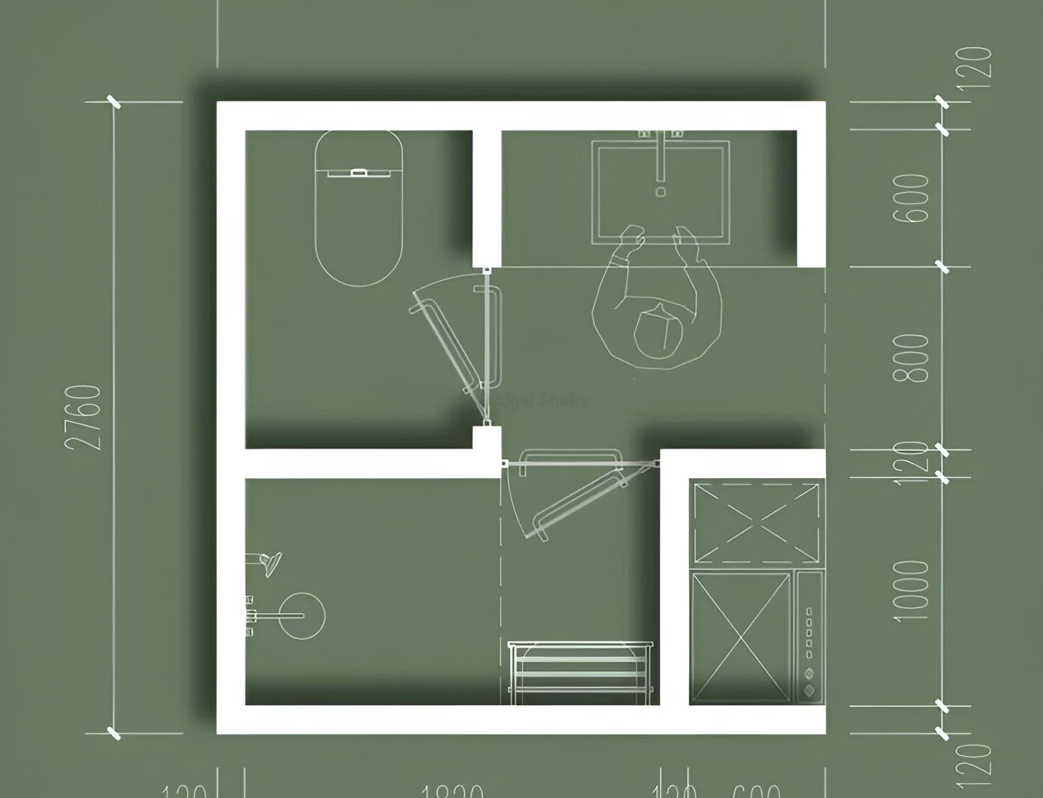 Plano técnico de baño rectangular con lavabo frontal y ducha lateral