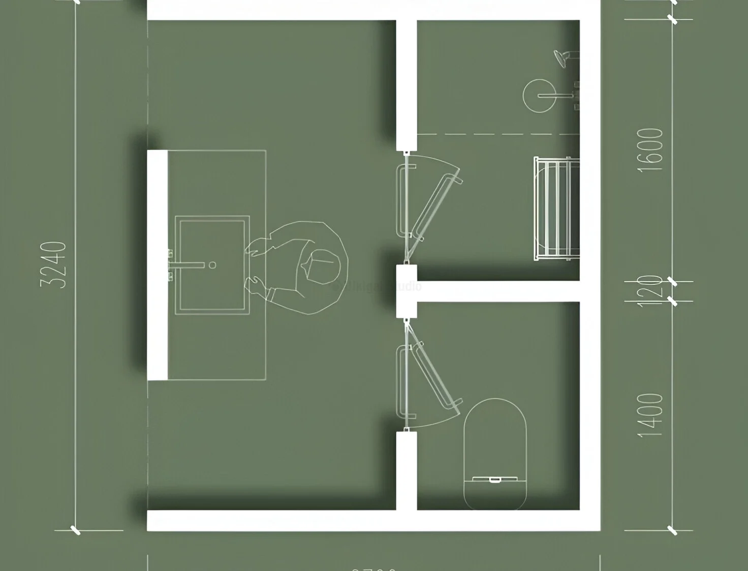 Plano arquitectónico de baño con lavado abierto