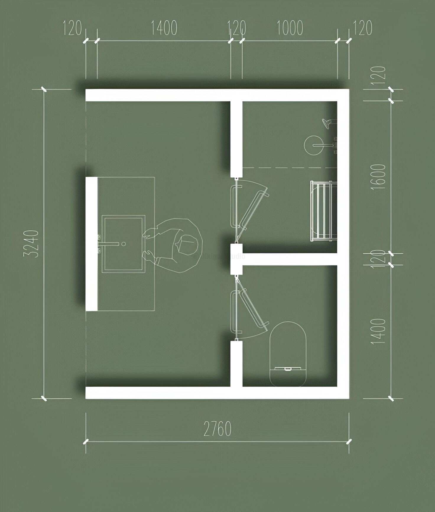 Plano arquitectónico de baño con lavado abierto