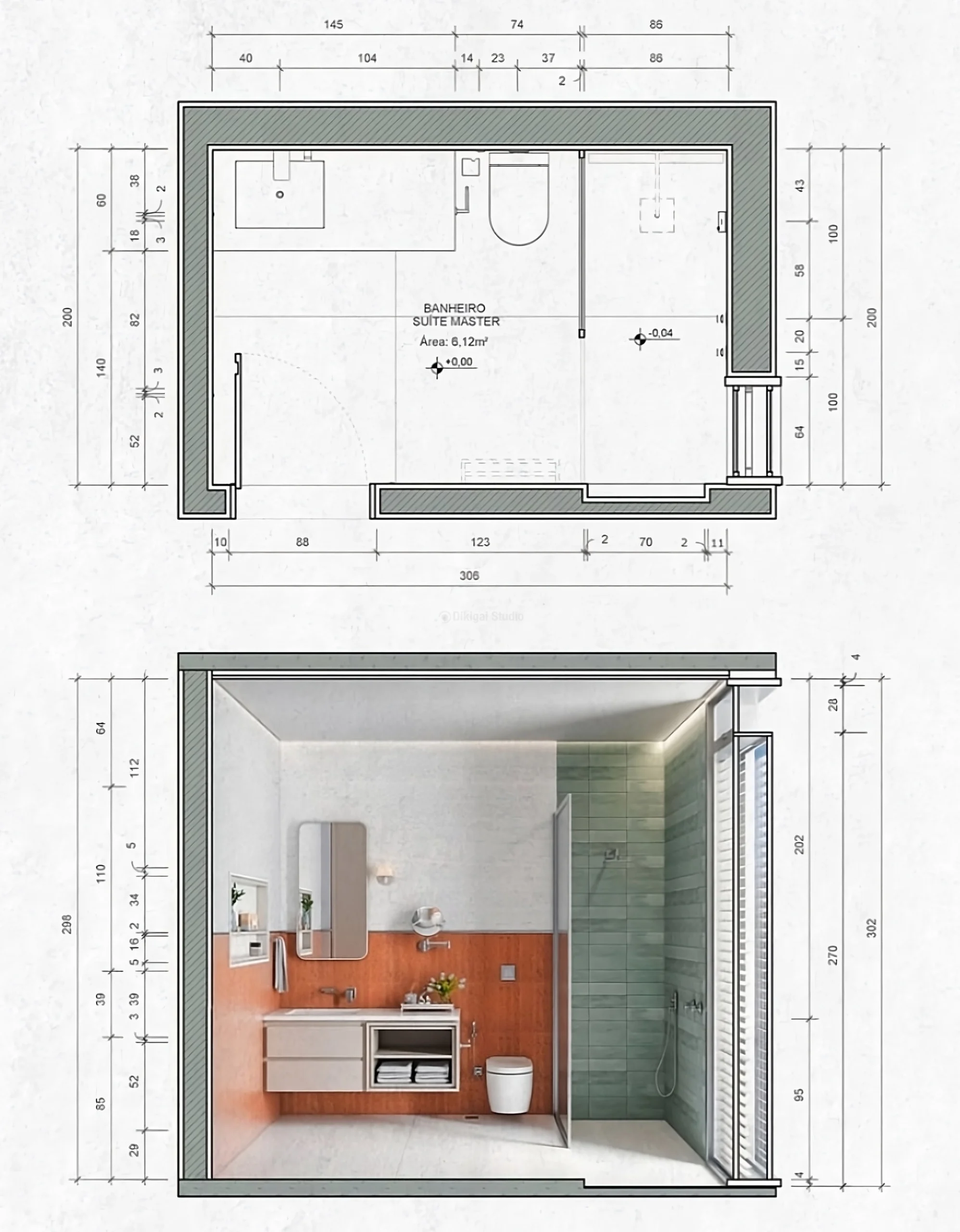 Plano y alzado arquitectónico de baño con lavabo suspendido y ducha