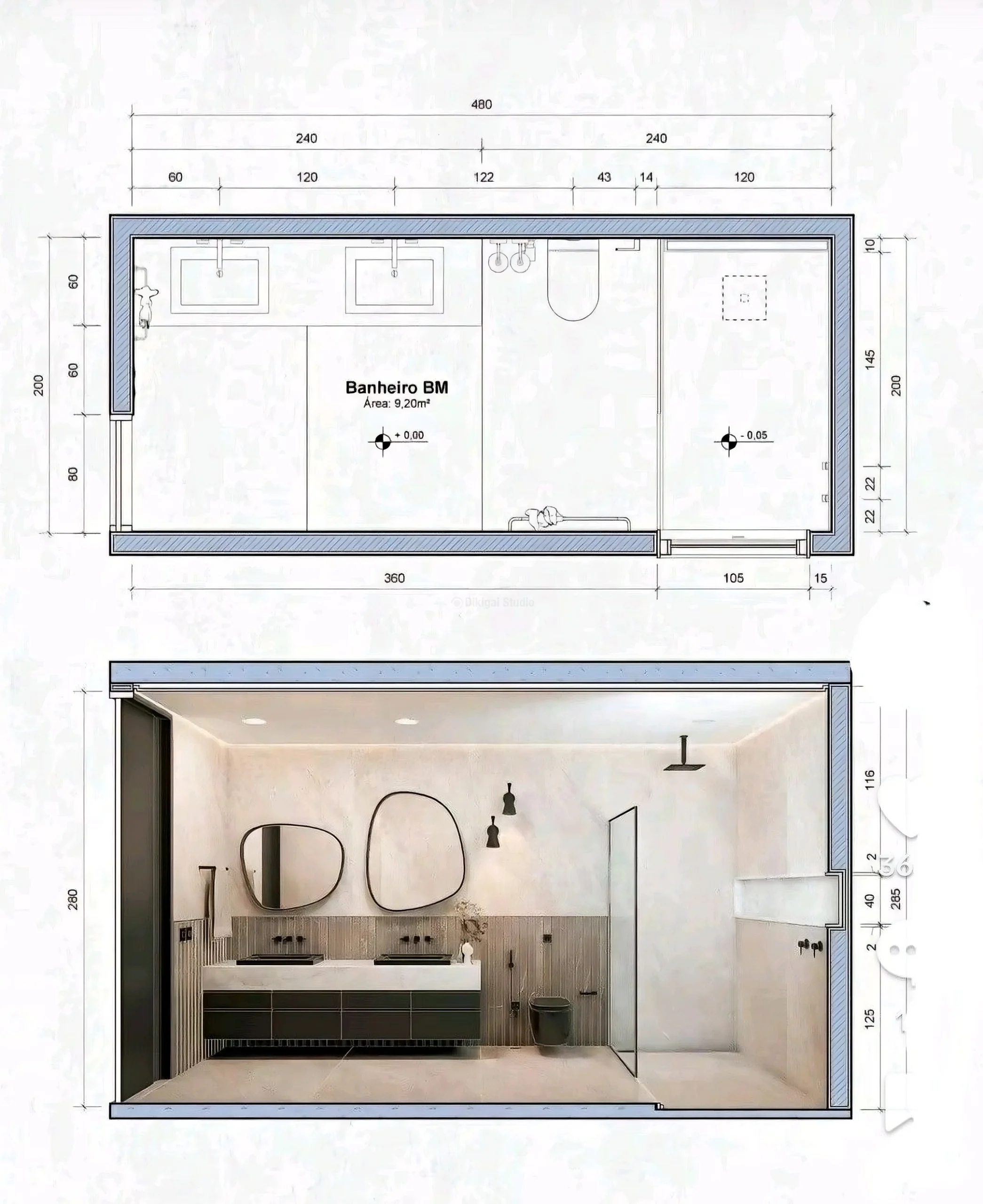 Plano y alzado técnico de baño contemporáneo con doble lavabo y ducha