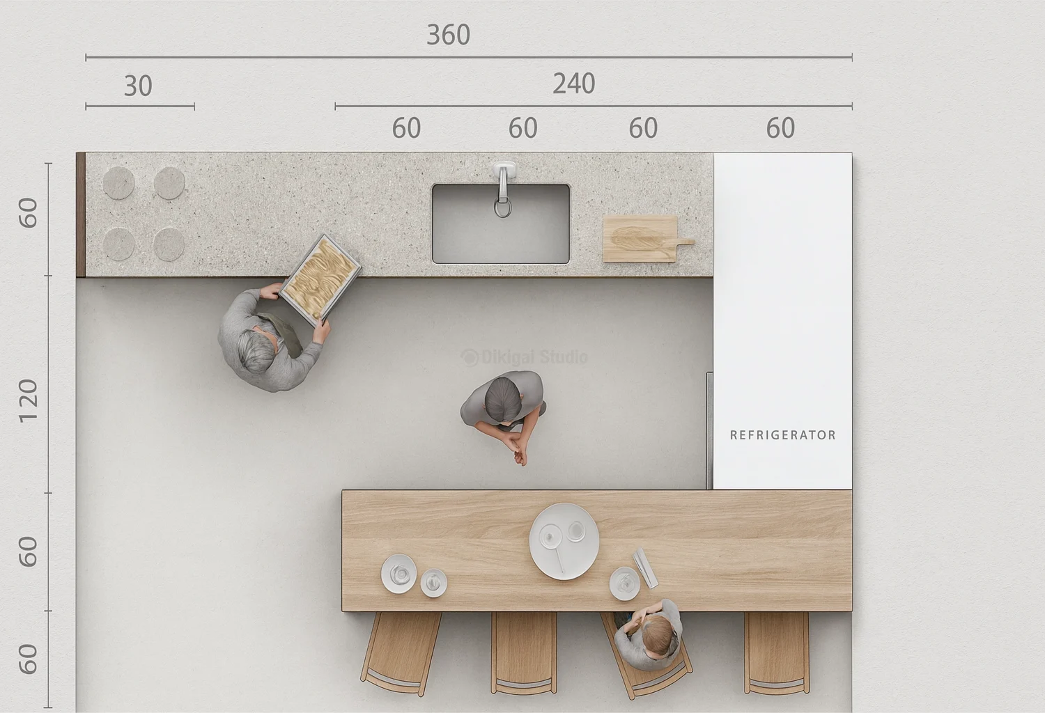 Dikigai LookBook_IMG523 Render técnico de cocina en L con isla y mobiliario en madera clara