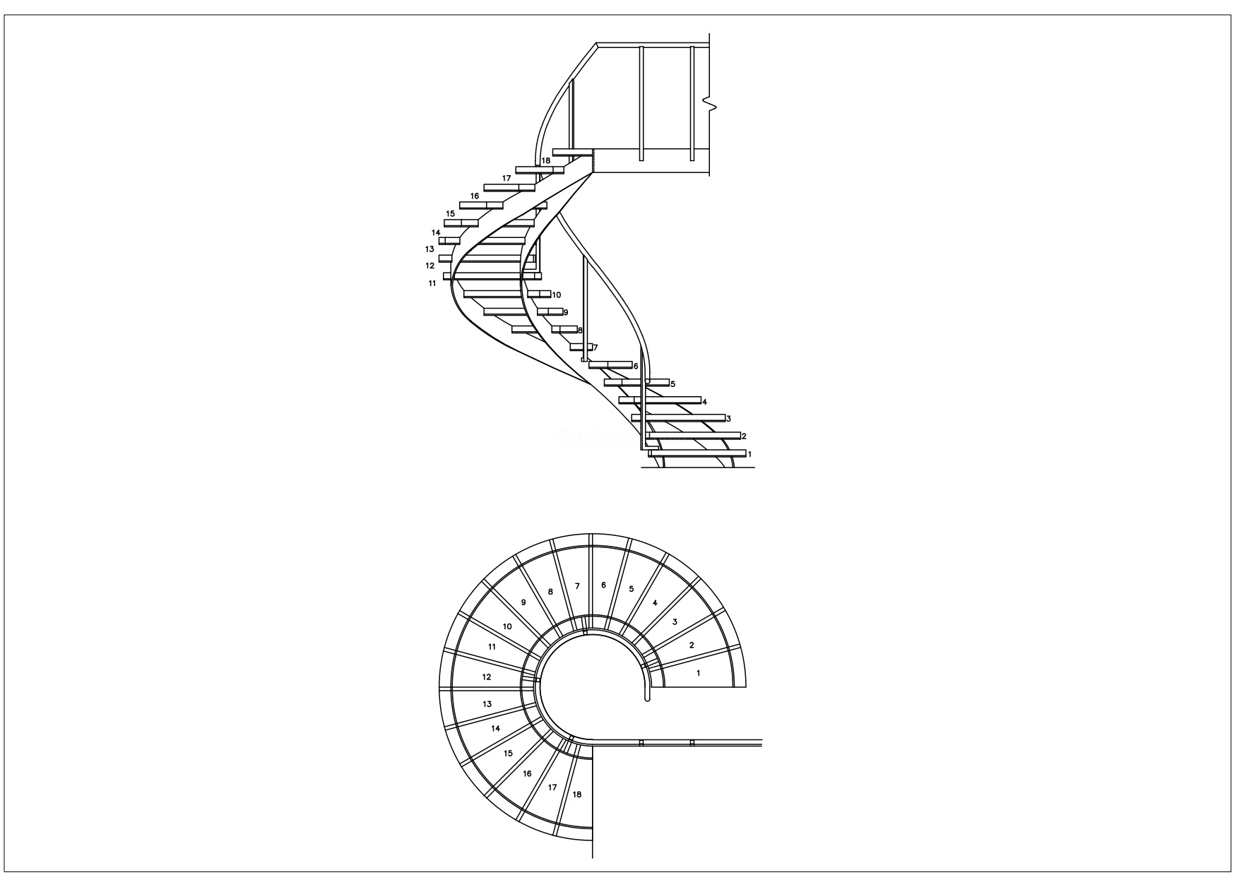 Alzado técnico de escalera curva en espiral