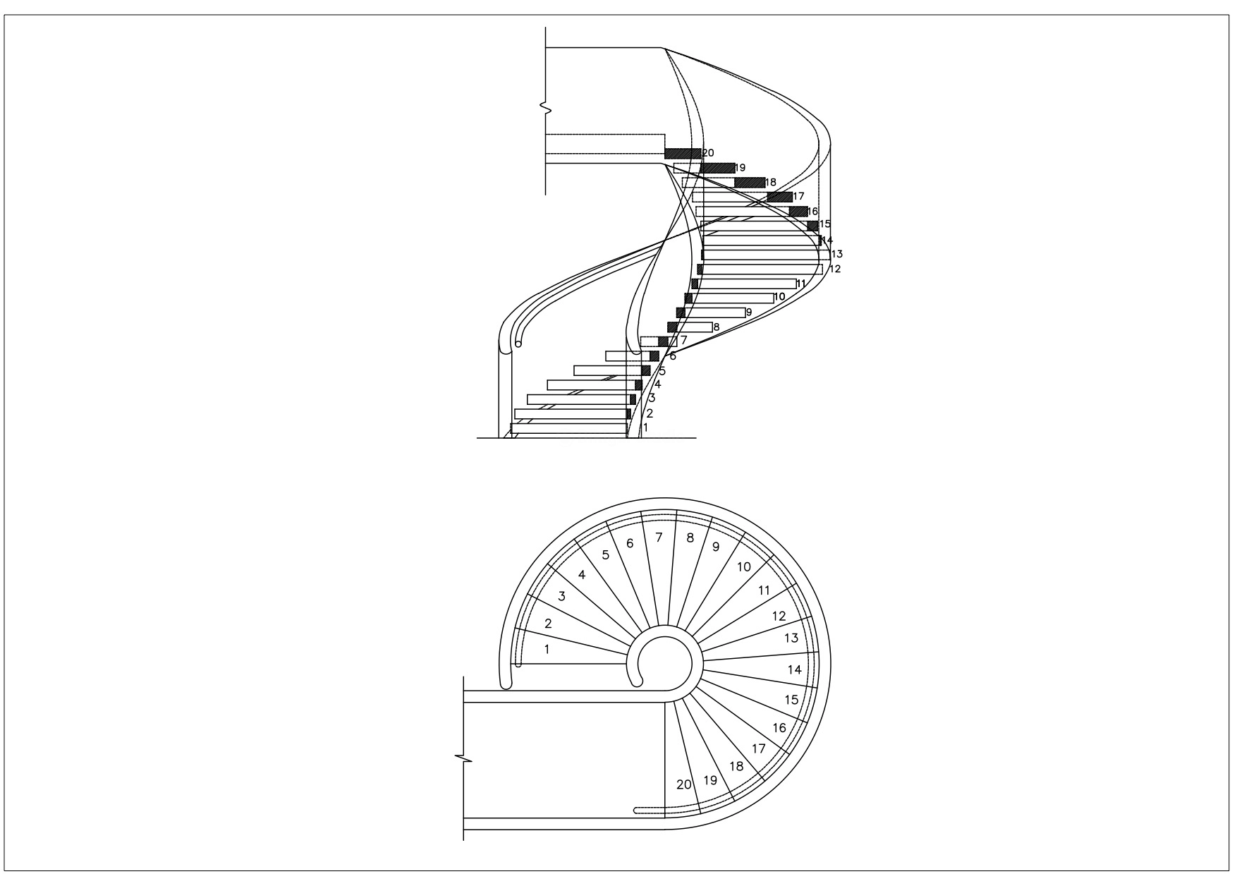 Sección constructiva de escalera helicoidal