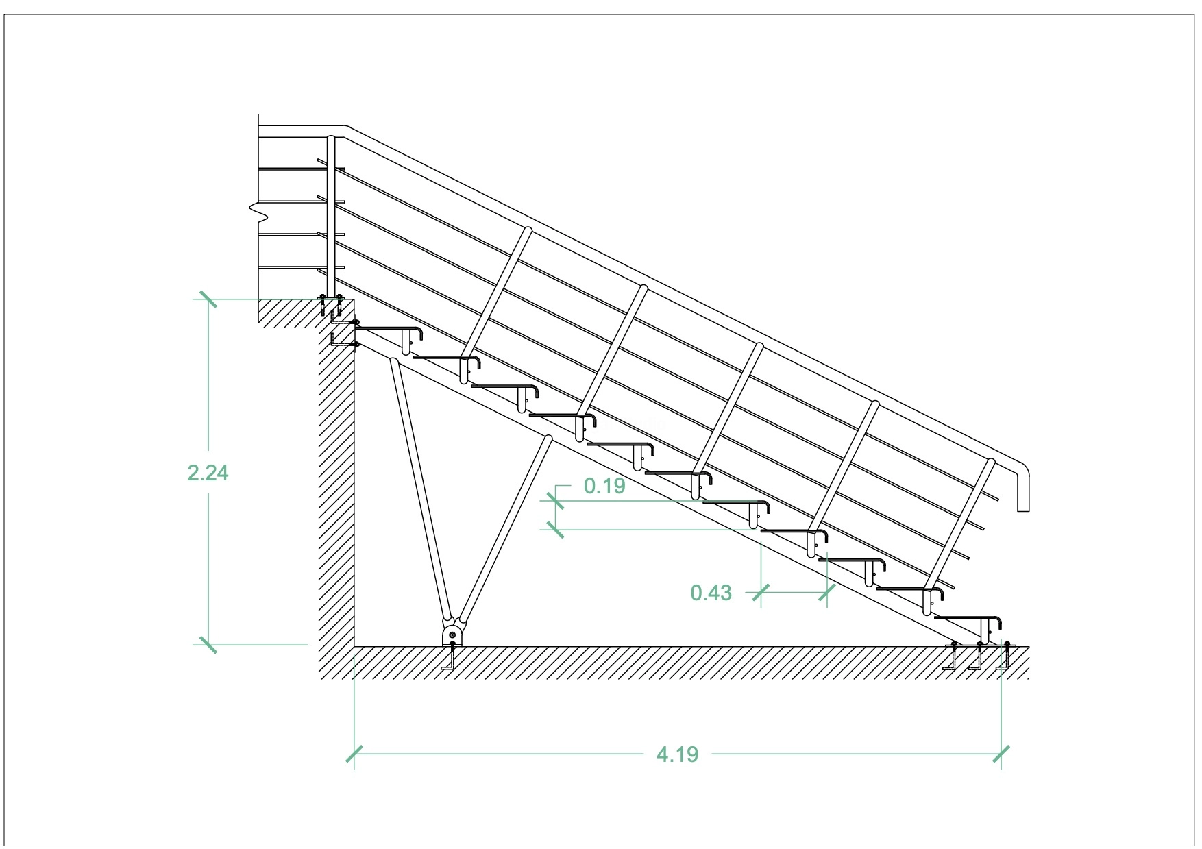 Detalle constructivo de escalera recta metálica con barandilla