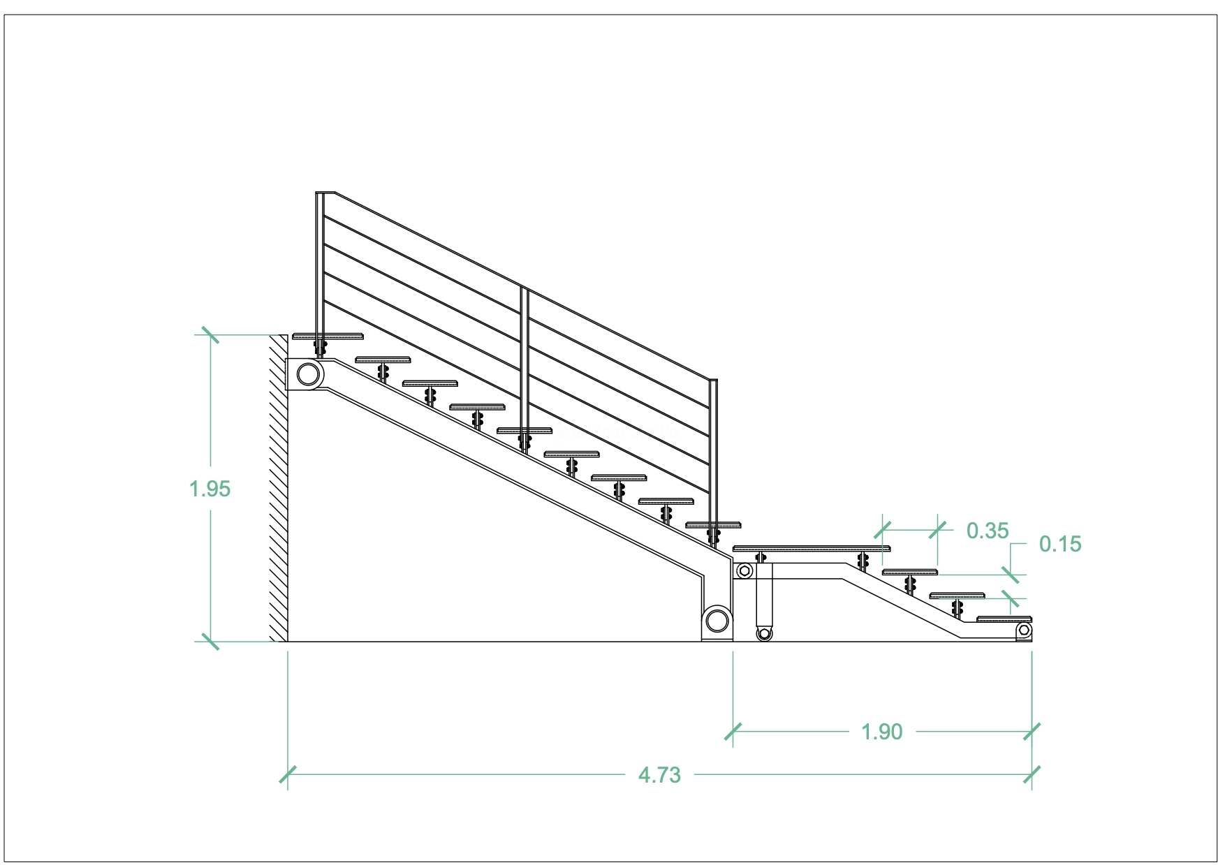 Corte arquitectónico de escalera recta con descanso intermedio