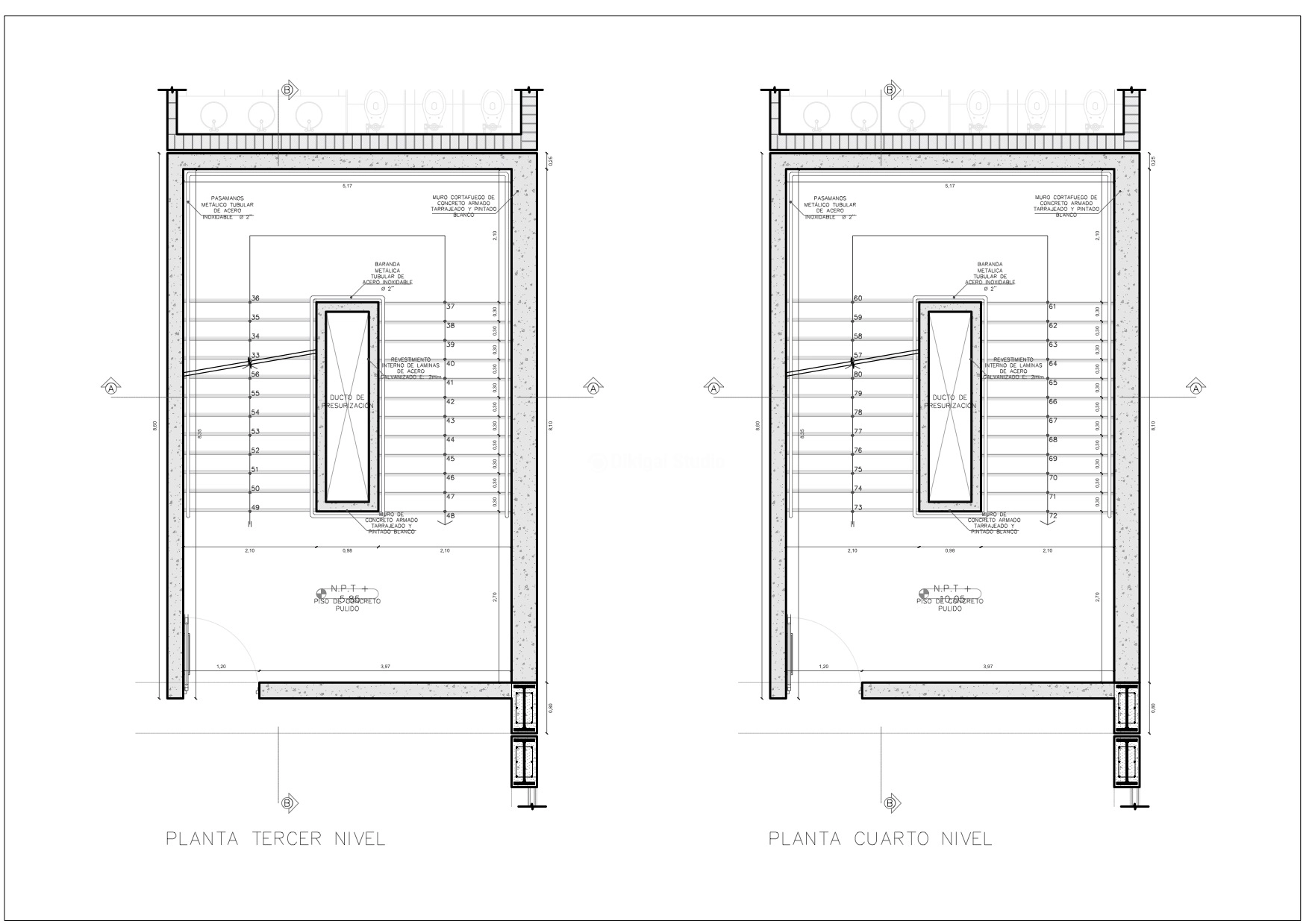 Plano arquitectónico de escaleras – Tercer y Cuarto Nivel