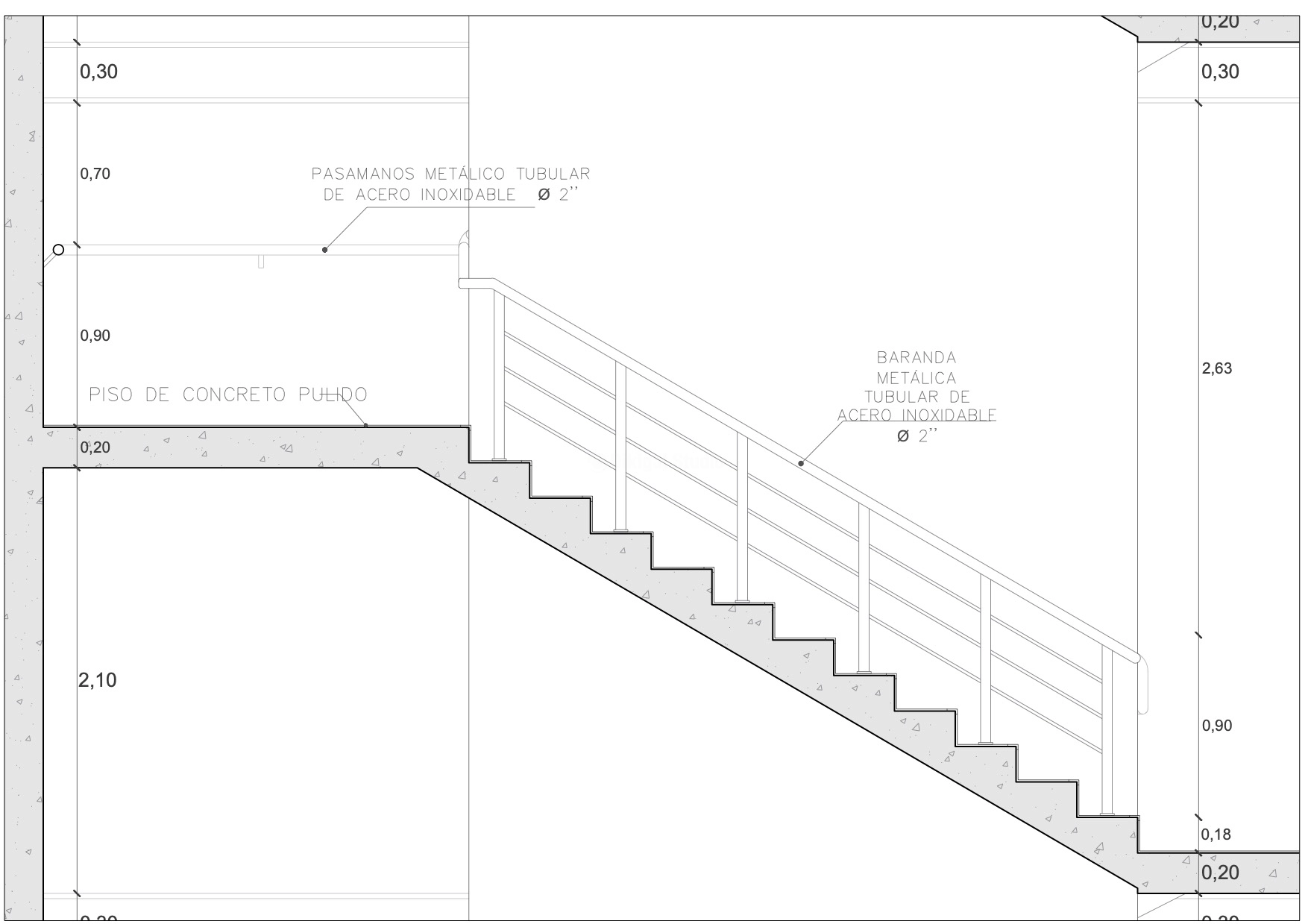 Sección técnica de escalera de concreto con barandilla metálica