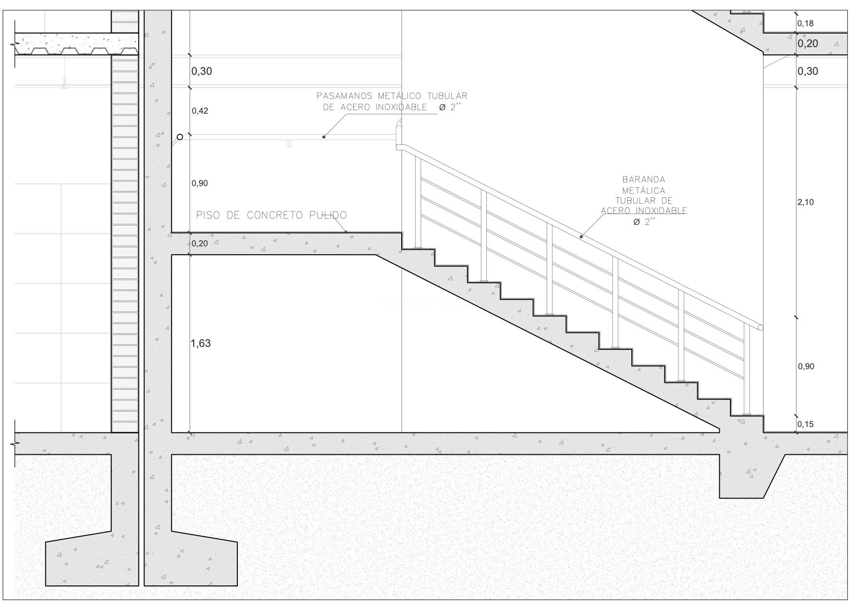 Corte arquitectónico de escalera en concreto armado con baranda metálica