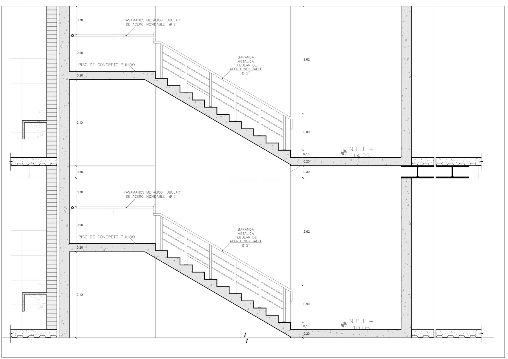 Sección arquitectónica de escaleras en doble altura con barandilla