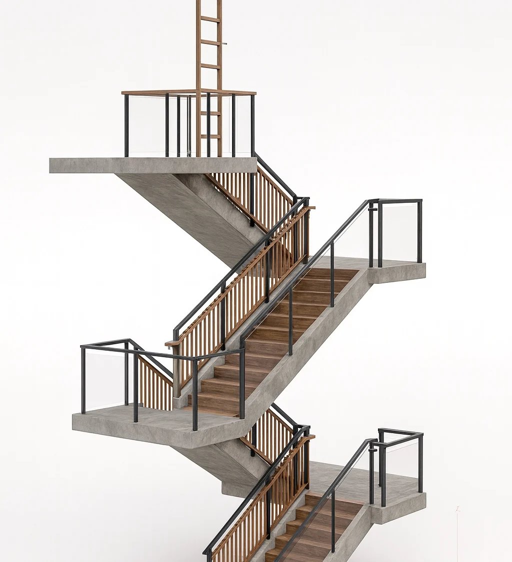 Isométrico de escalera con barandales en vidrio y madera