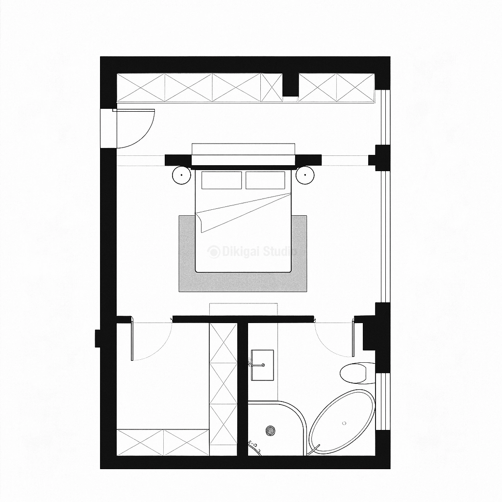 Dormitorio principal con baño en suite y vestidor. Plano arquitectónico