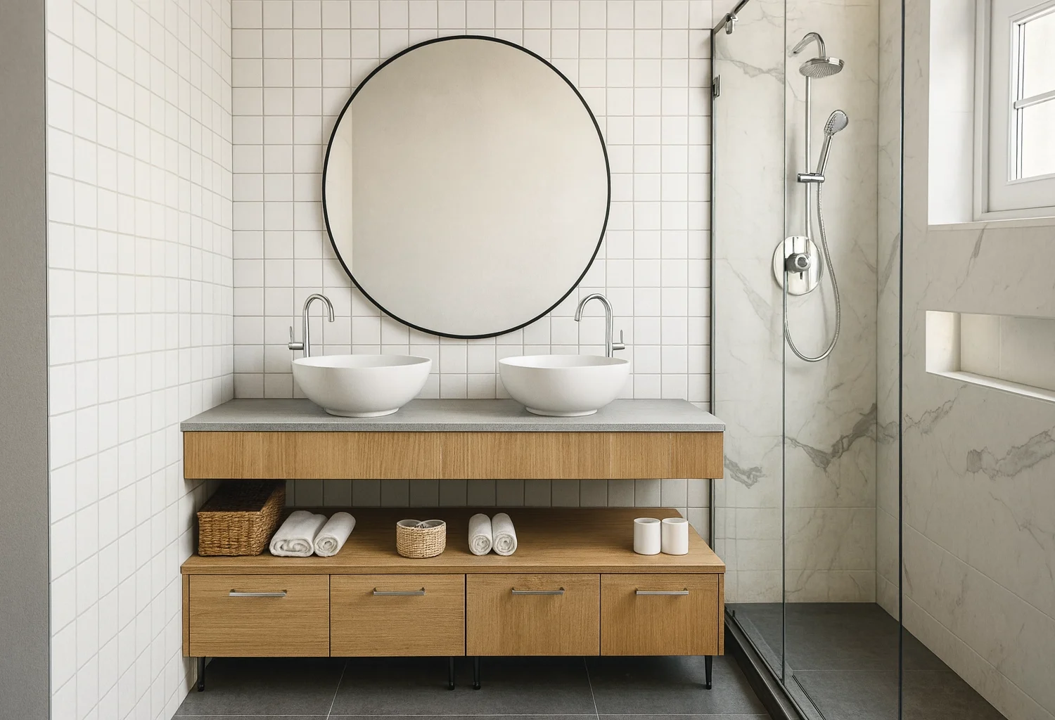 Baño Contemporáneo-Nórdico con Lavabo Doble y Mueble de Roble
