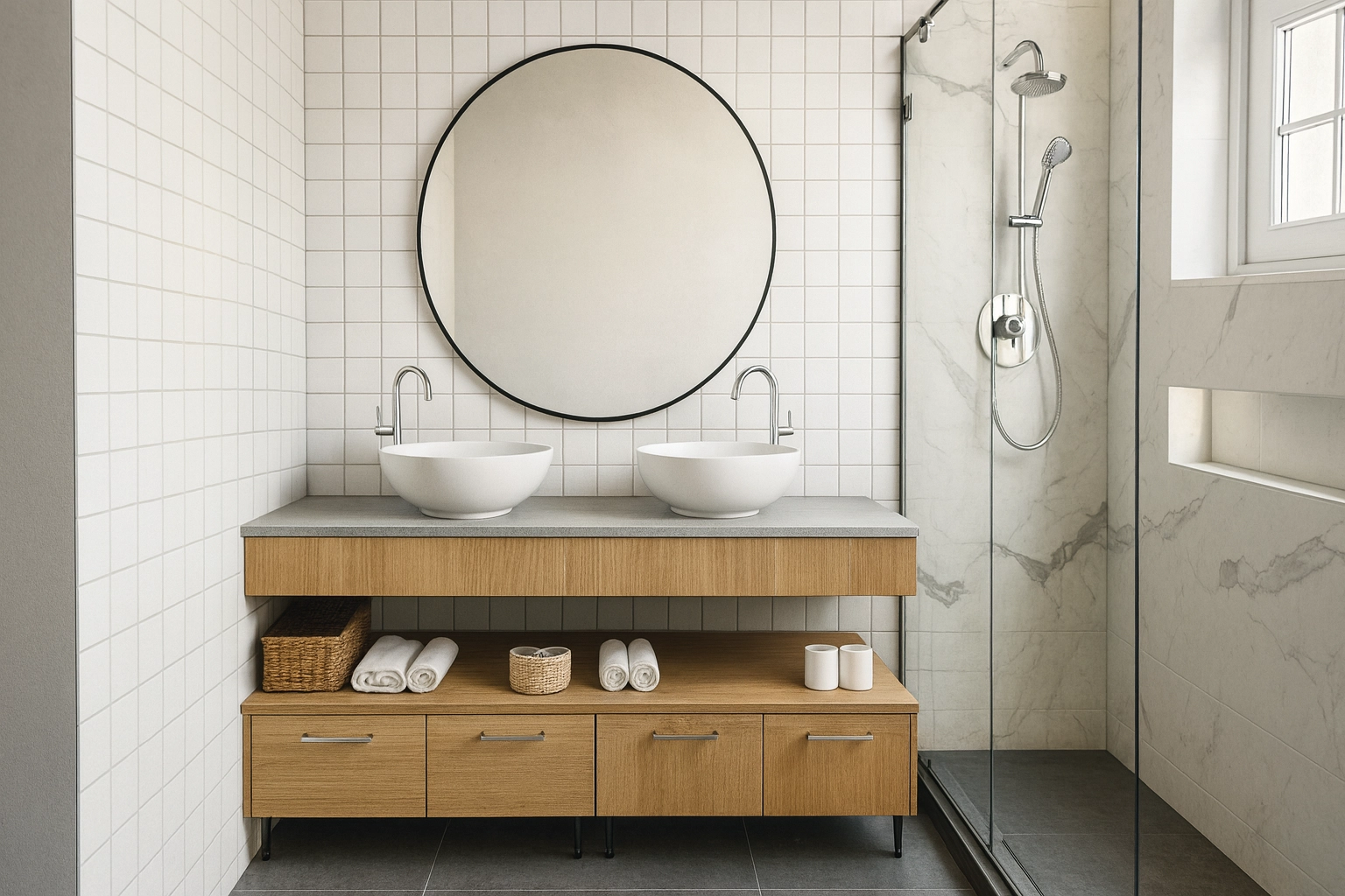 Baño Contemporáneo-Nórdico con Lavabo Doble y Mueble de Roble