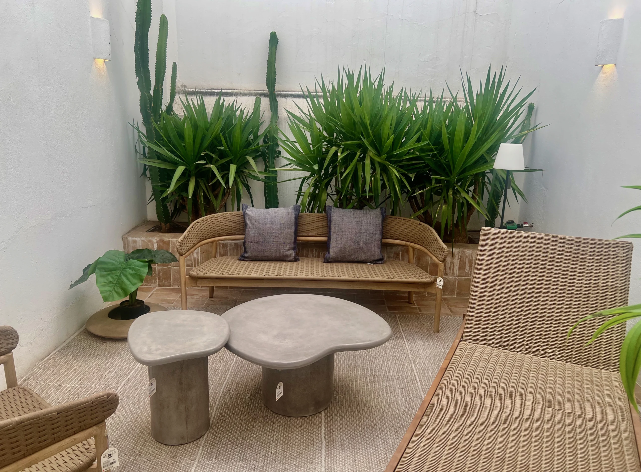 Patio Mediterráneo con Mobiliario de Mimbre y Mesas de Cemento